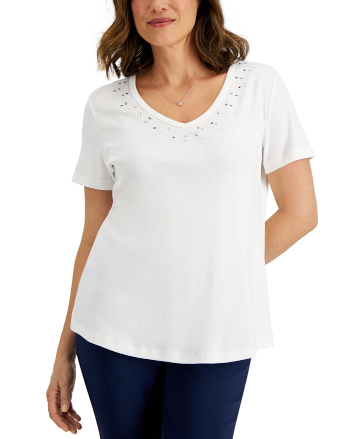 Karen Scott Womens Cotton Studded V Neck Top