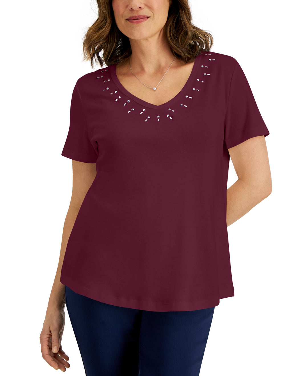 Karen Scott Womens Cotton Studded V Neck Top