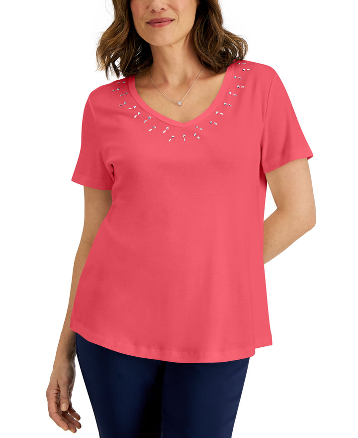 Karen Scott Womens Cotton Studded V Neck Top