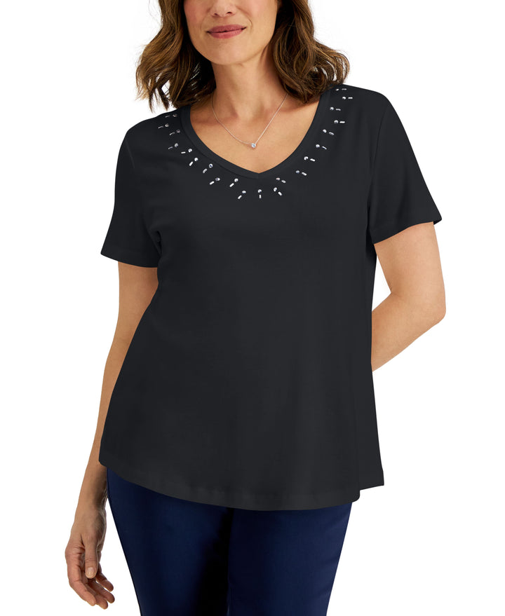 Karen Scott Womens Cotton Studded V Neck Top