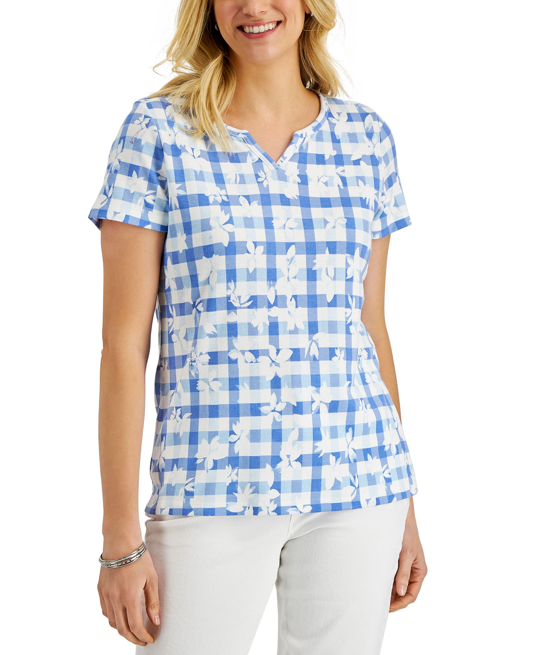 Karen Scott Womens Gingham Blooms Printed Top