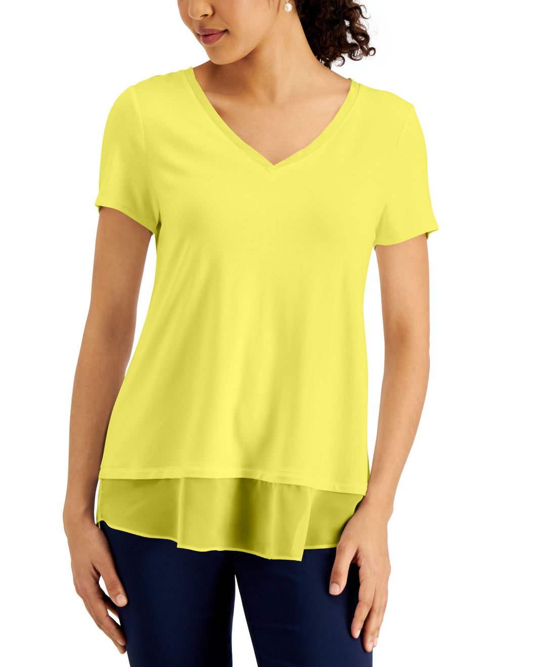 JM Collection V Neck Sheer Hem Top