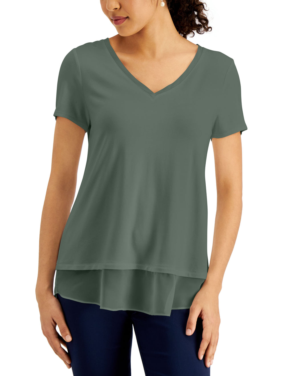 JM Collection V Neck Sheer Hem Top