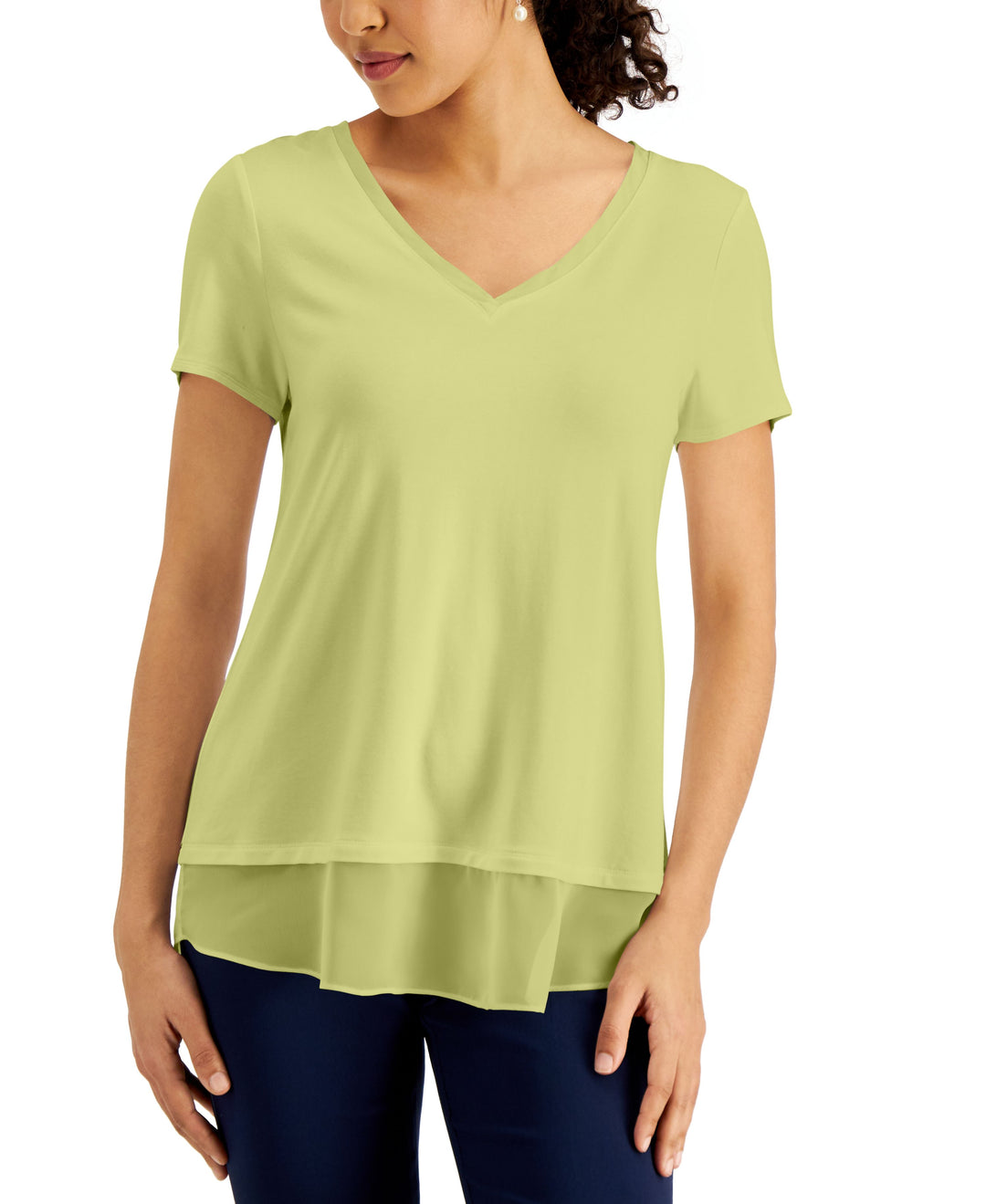 JM Collection V Neck Sheer Hem Top