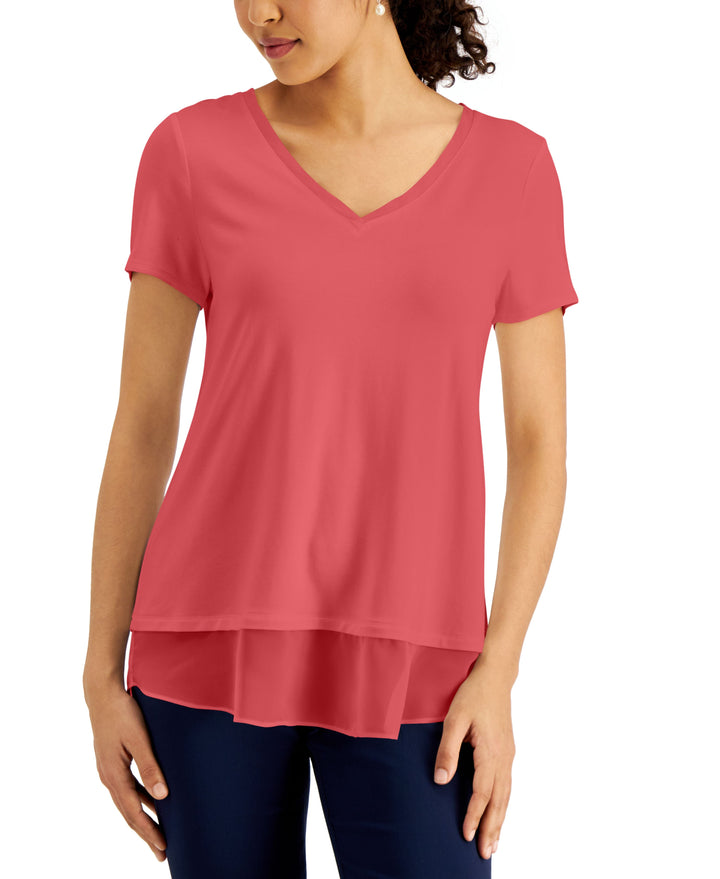 JM Collection V Neck Sheer Hem Top