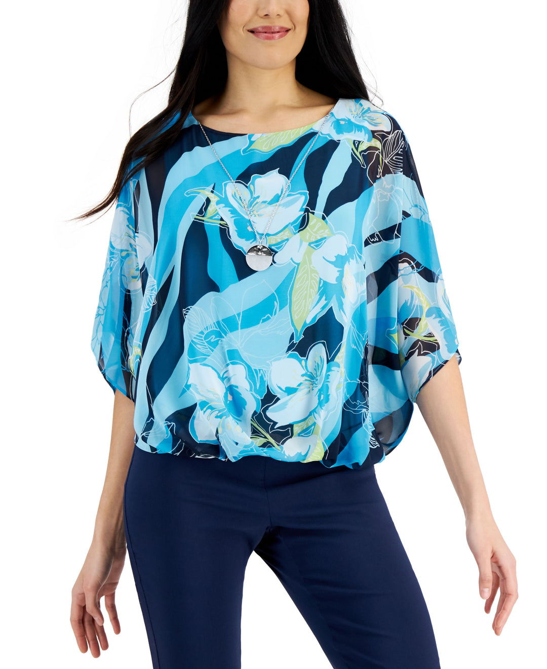 JM Collection Womens Floral Print Necklace Top