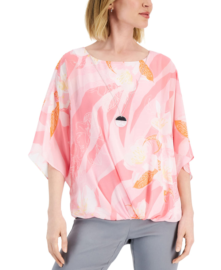 JM Collection Womens Floral Print Necklace Top