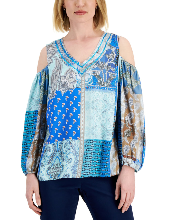 JM Collection Womens Paisley-Print Cold-Shoulder Top