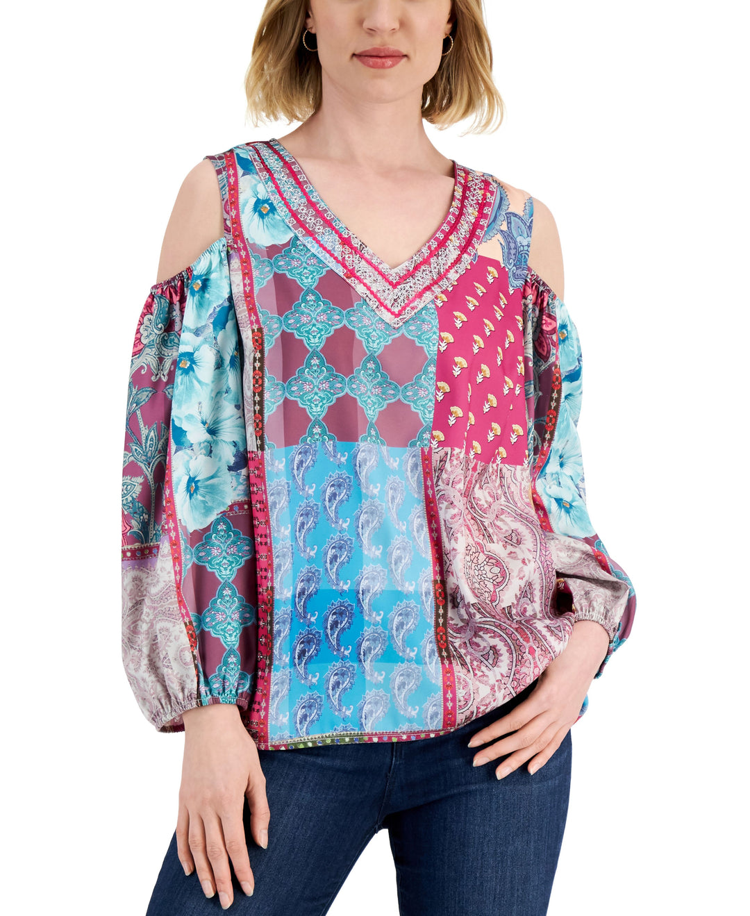 JM Collection Womens Paisley-Print Cold-Shoulder Top