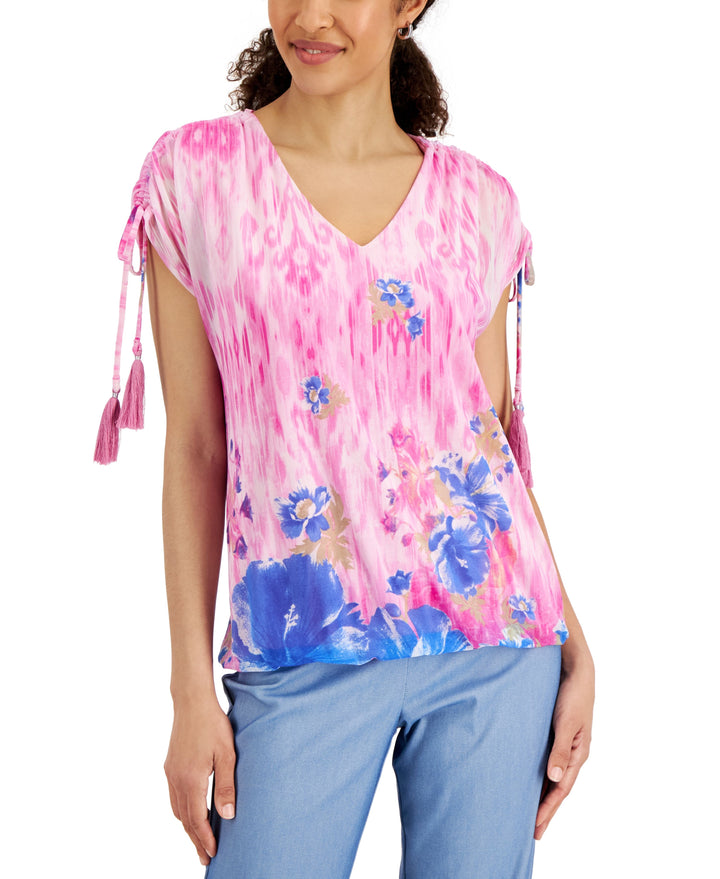 JM Collection Womens Floral-Print Mesh Top