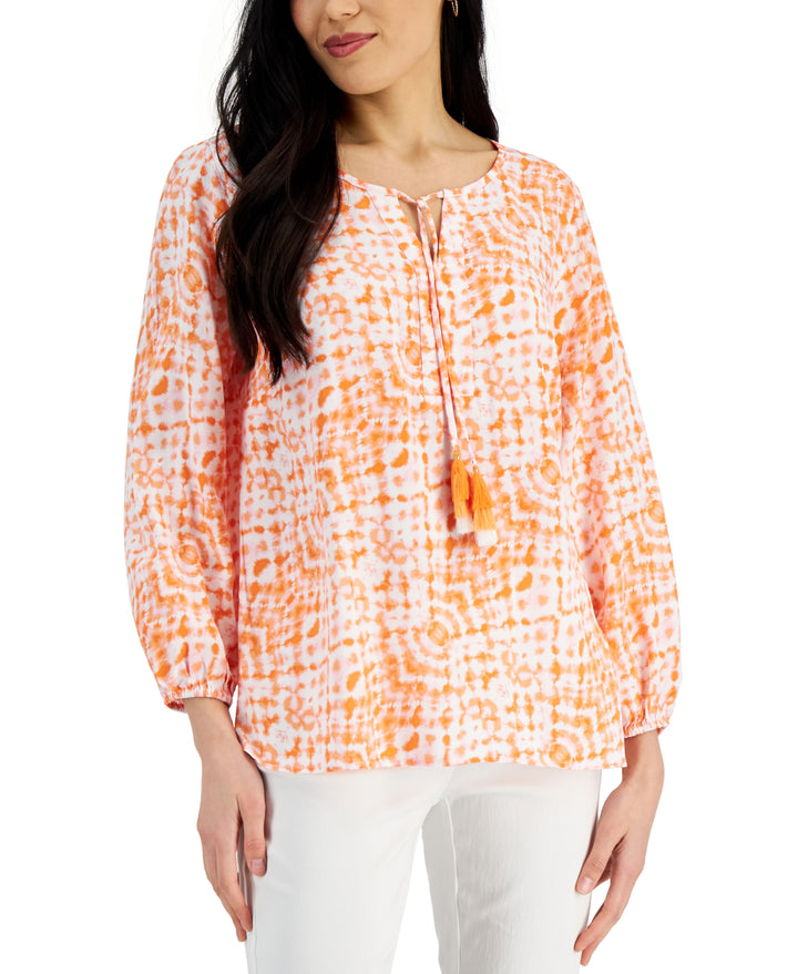 JM Collection Womens Printed Peasant Top