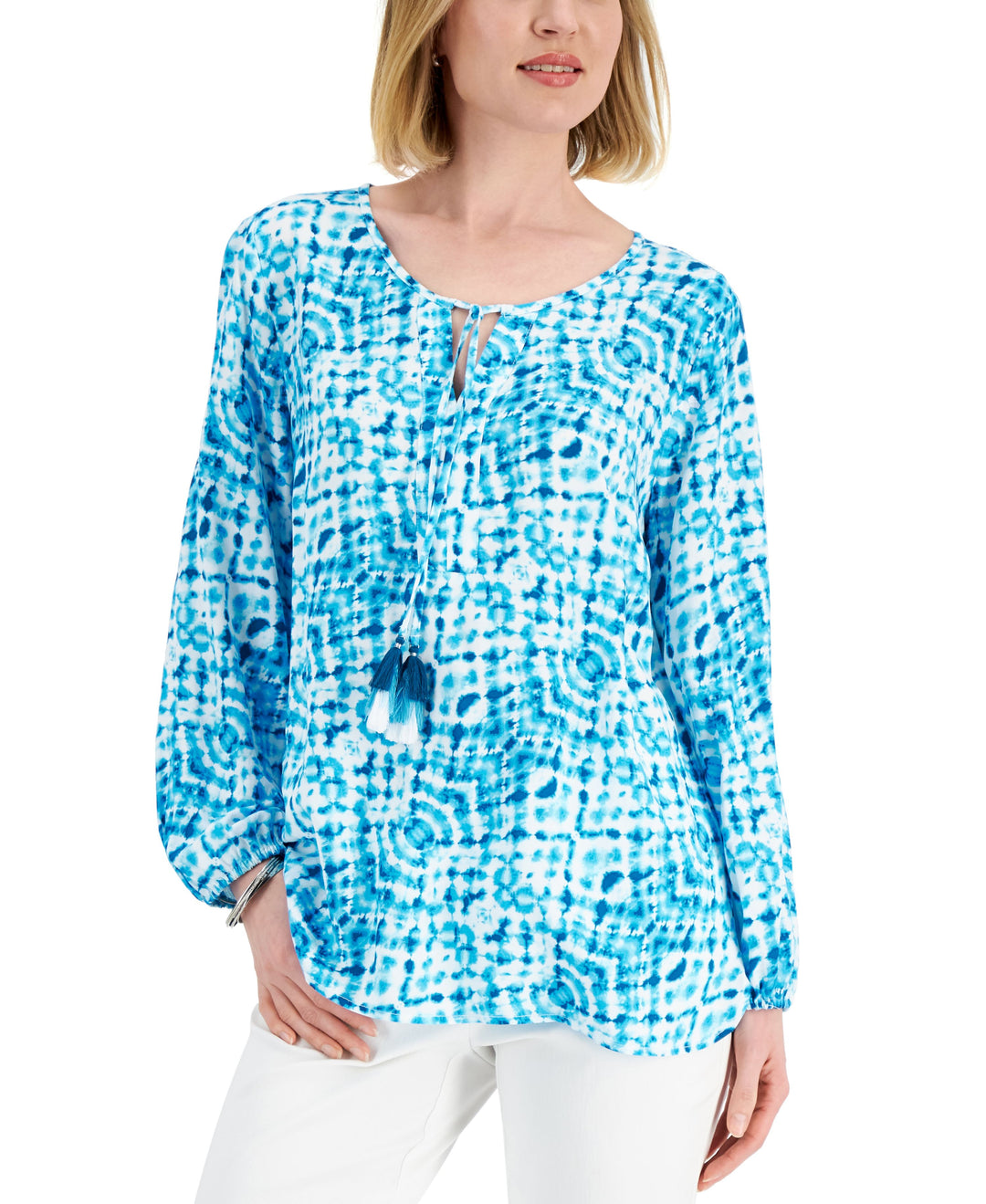 JM Collection Womens Printed Peasant Top