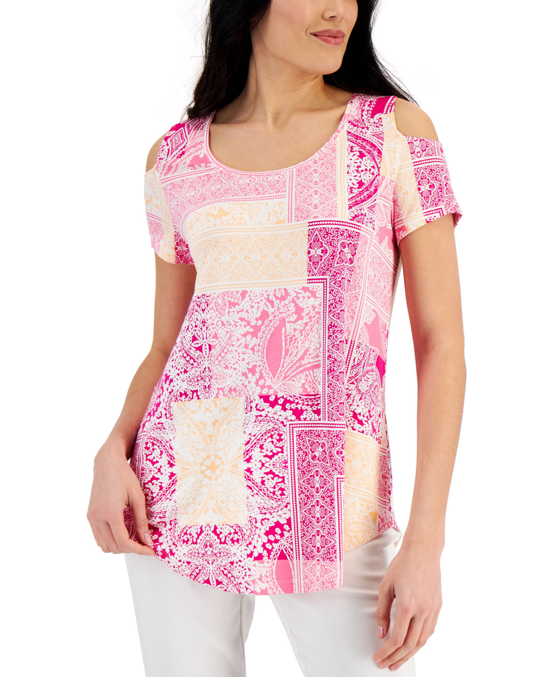 JM Collection Womens Patchwork Print Cold Shoulder Top