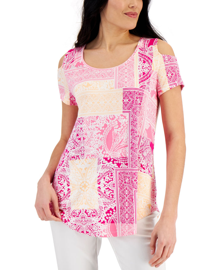 JM Collection Womens Patchwork Print Cold Shoulder Top