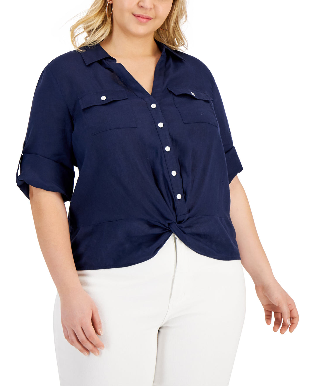 INC International Concepts Plus Size Linen Twist Hem Top