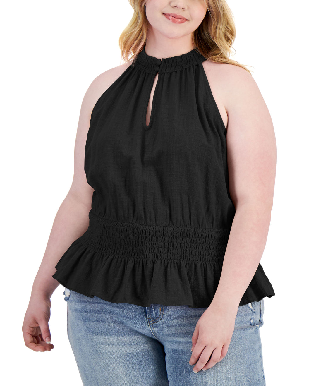 INC International Concepts Plus Size Smocked Cotton Halter Top