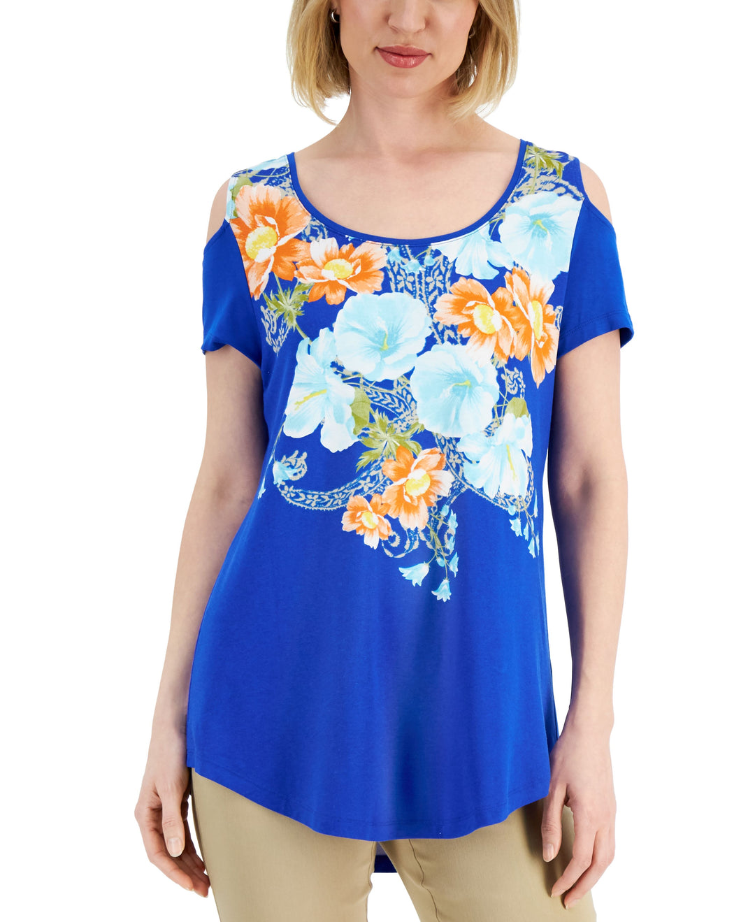 JM Collection Womens Floral Print Cold Shoulder Top