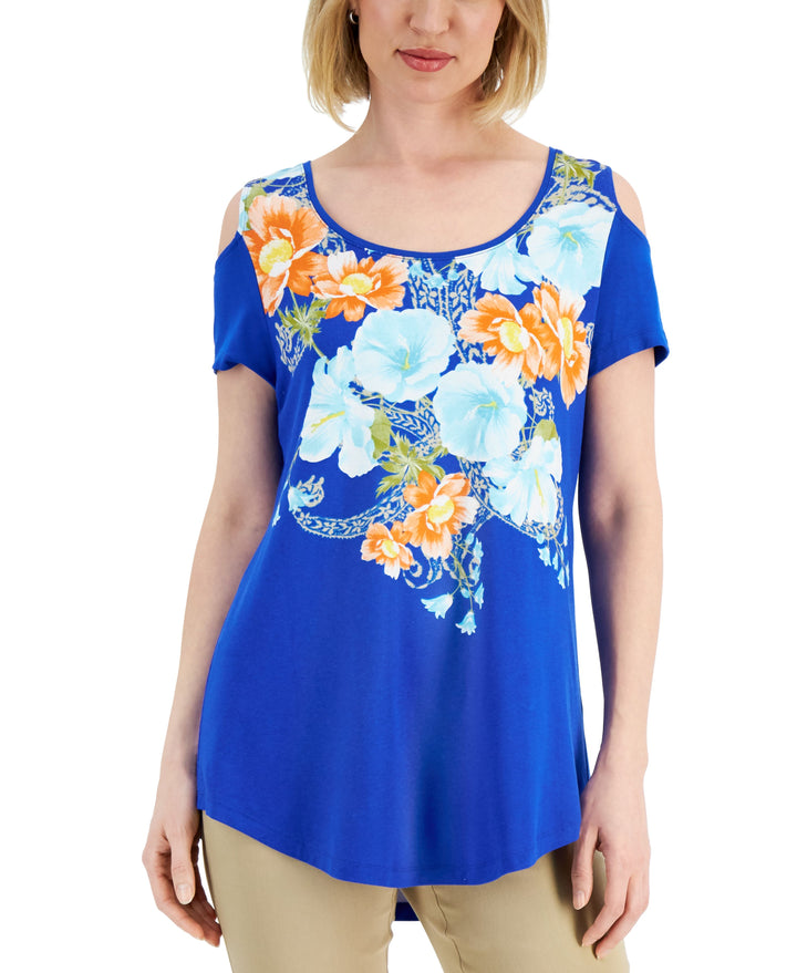 JM Collection Womens Floral Print Cold Shoulder Top