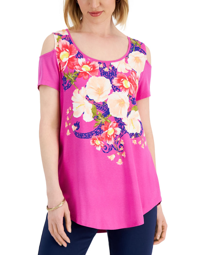 JM Collection Womens Floral Print Cold Shoulder Top