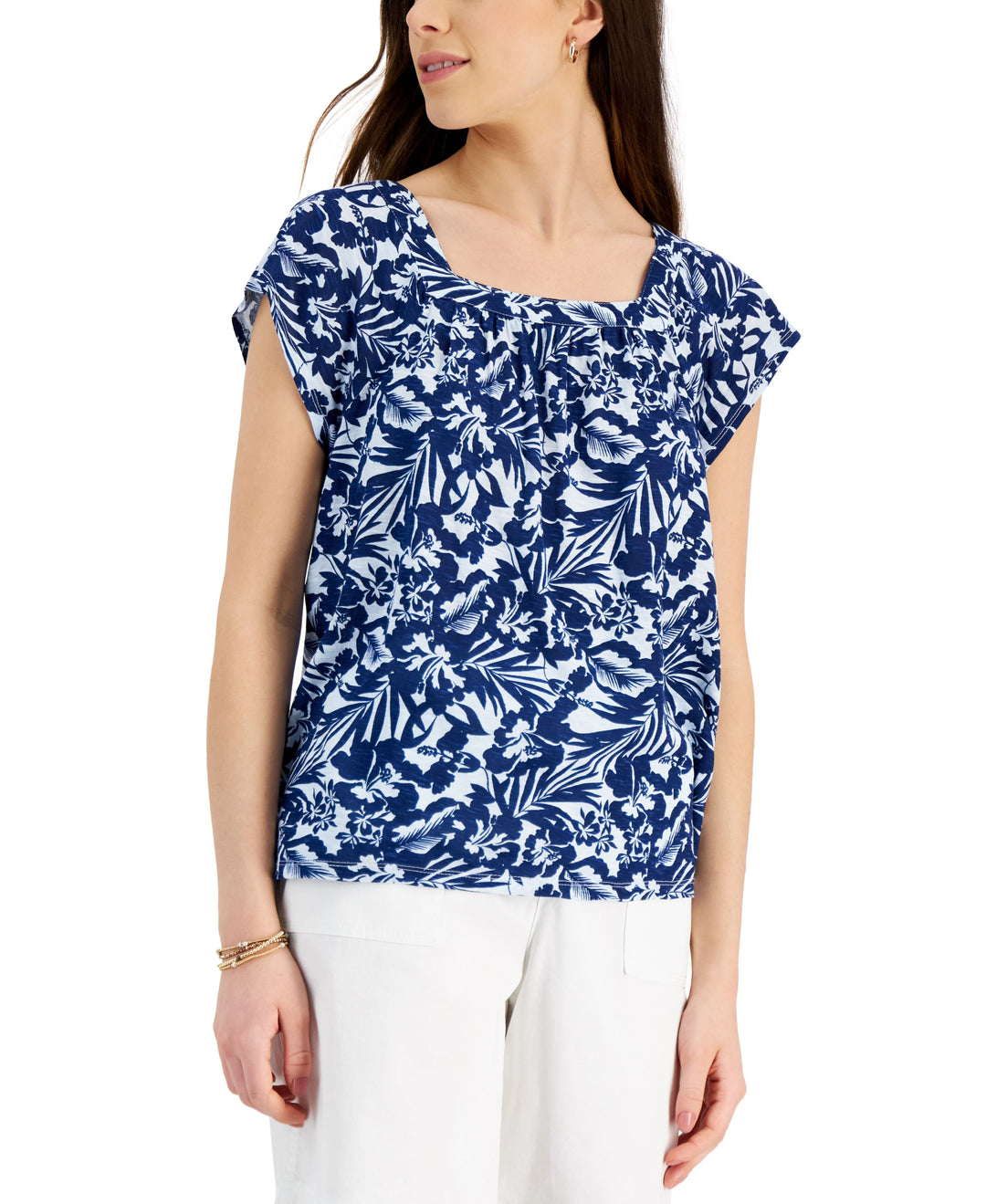 Style & Co Womens Printed Square Neck Flutter Sleeve Top