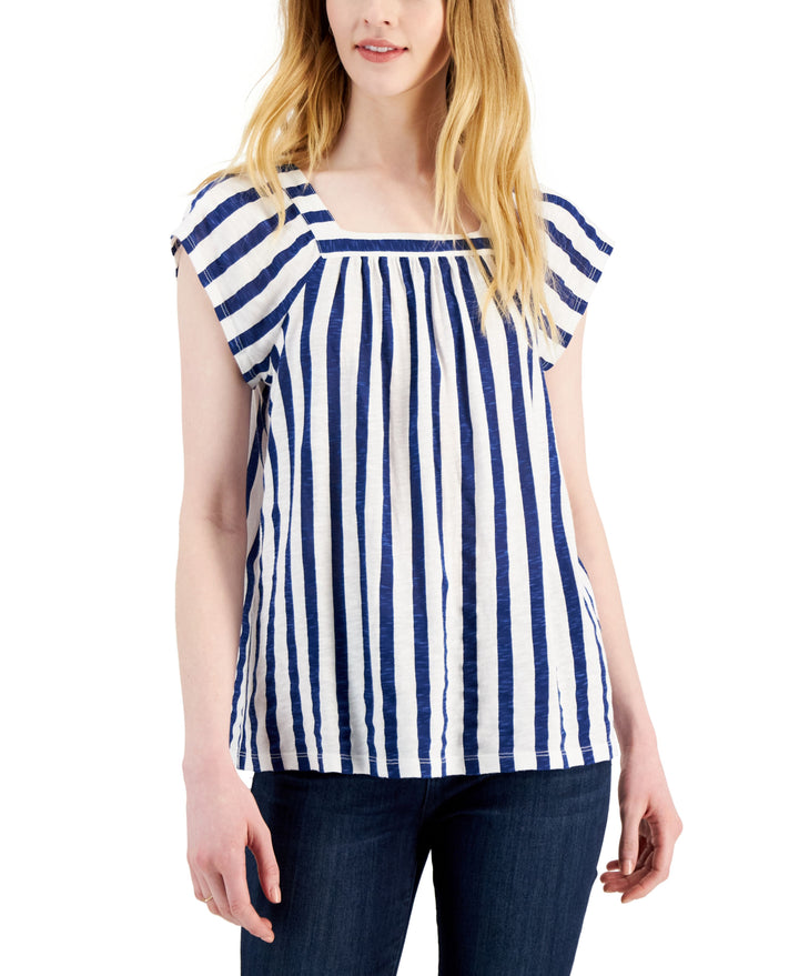 Style & Co Womens Printed Square Neck Flutter Sleeve Top