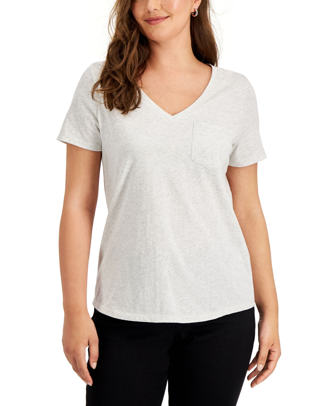 Style & Co Petite Cotton Heathered V Neck Pocket T-Shirt