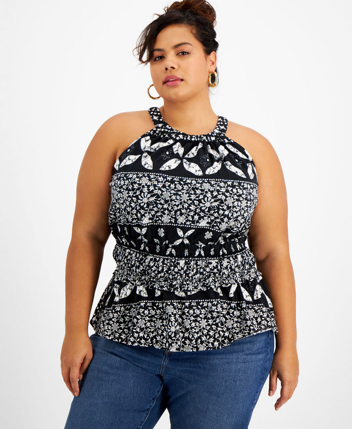 INC International Concepts Plus Size Printed Gathered Waist Halter Top
