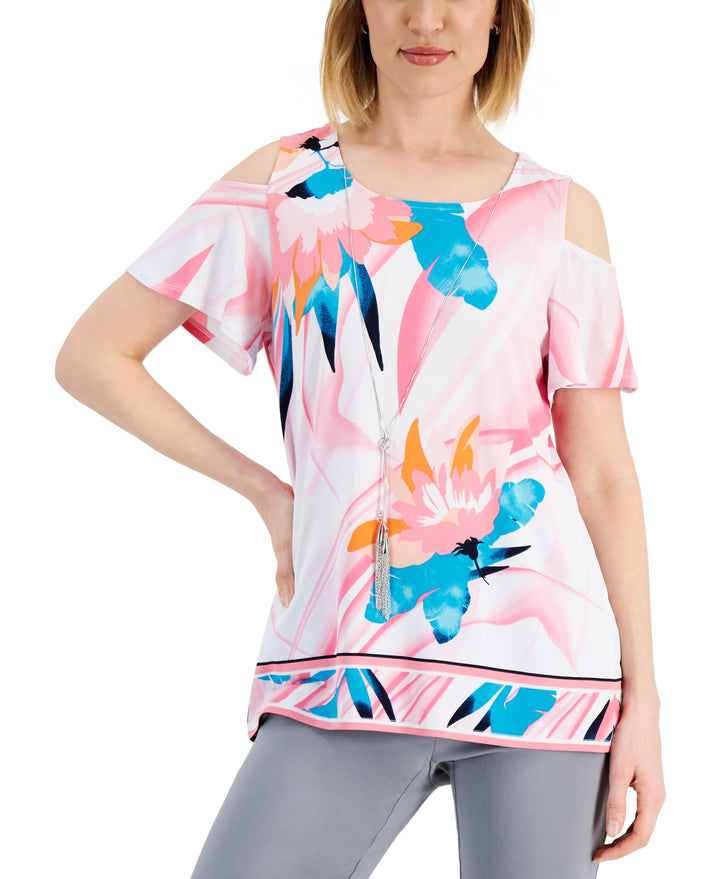 JM Collection Womens Printed Cold Shoulder Top