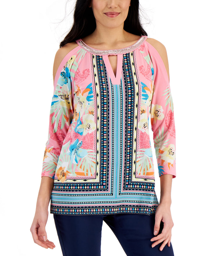 JM Collection Womens Mixed Print Cold Shoulder Top