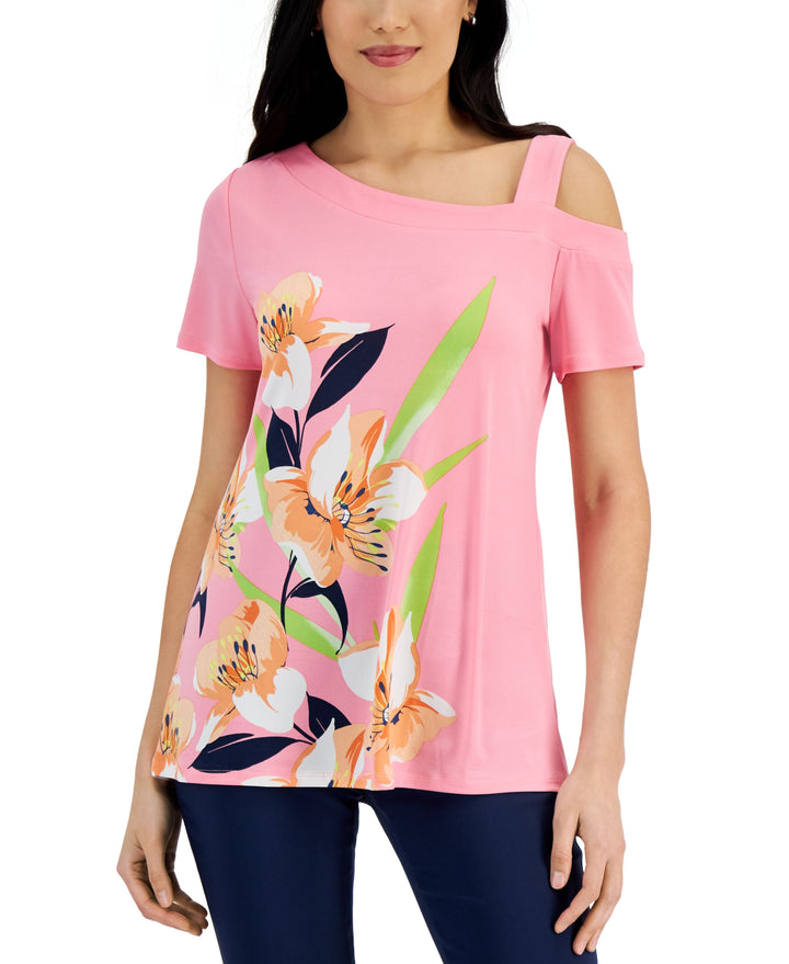 JM Collection Floral Cold Shoulder Top