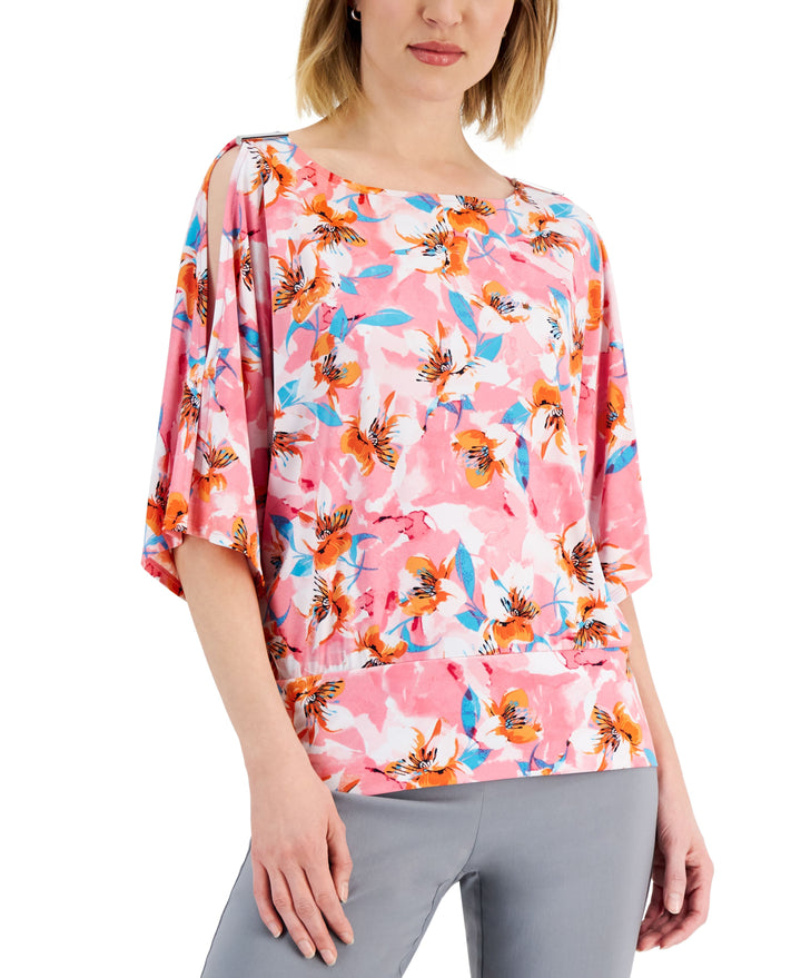 JM Collection Womens Abstract Print Cutout Sleeve Top