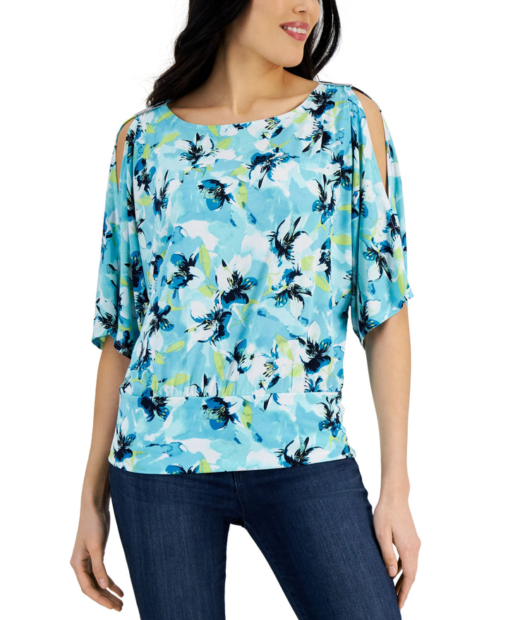 JM Collection Womens Abstract Print Cutout Sleeve Top