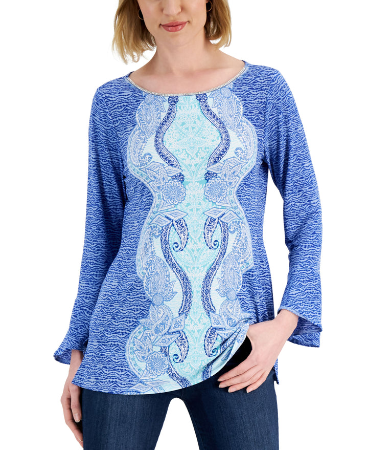 JM Collection Printed Flared Sleeve Top