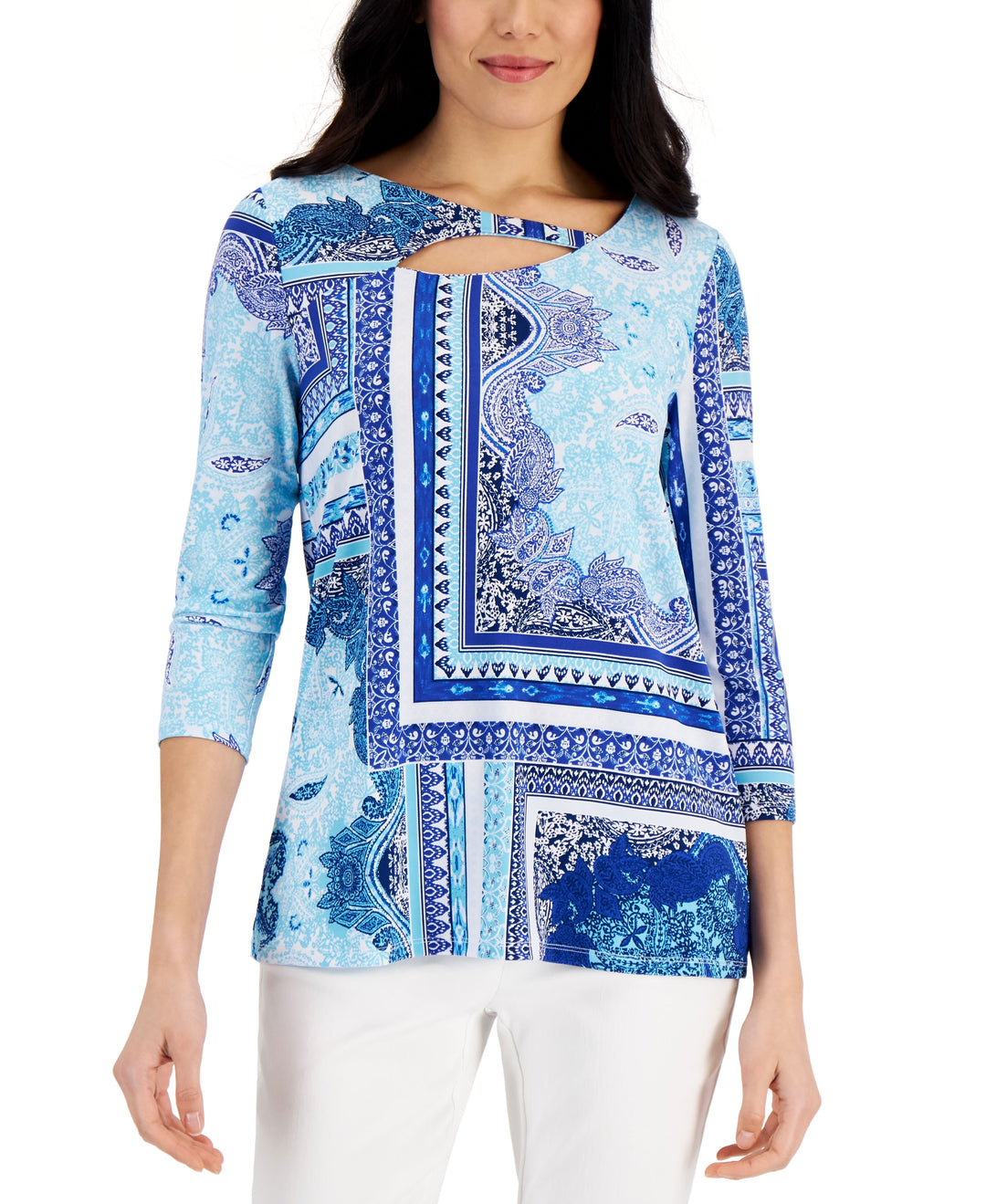 JM Collection Womens Serafina Patchwork Print Top