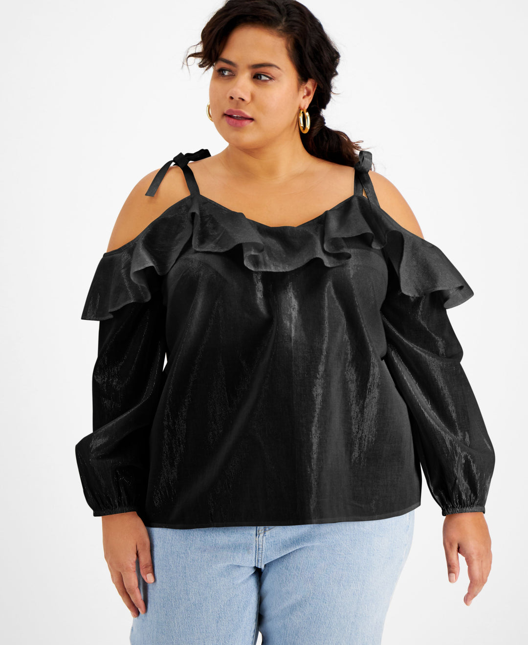 Inc International Concepts Plus Size Ruffled Cold-Shoulder Blouse