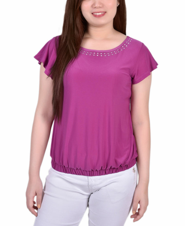 Petite Size Short Flutter Sleeve Top With Studded Neckline