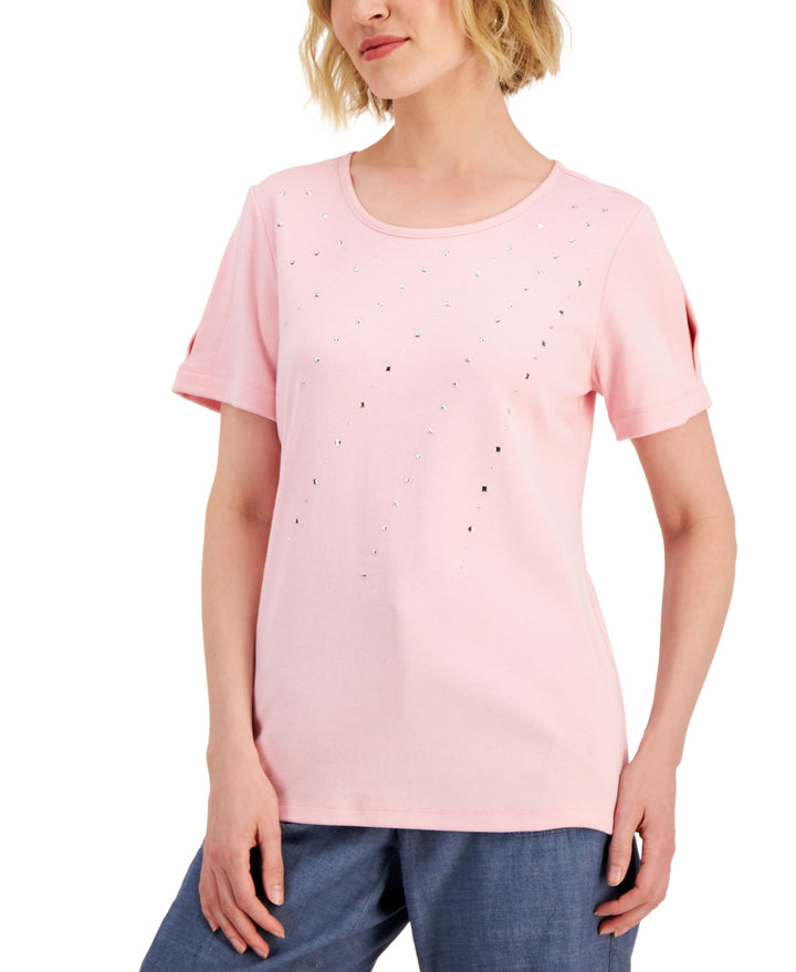 Karen Scott Womens Cotton Embellished Top