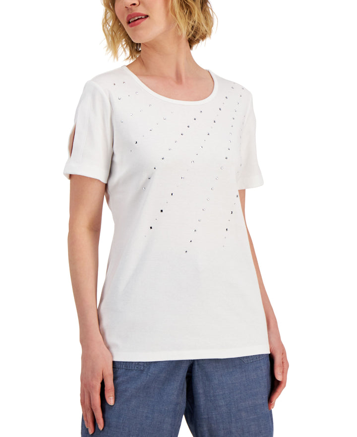 Karen Scott Womens Cotton Embellished Top