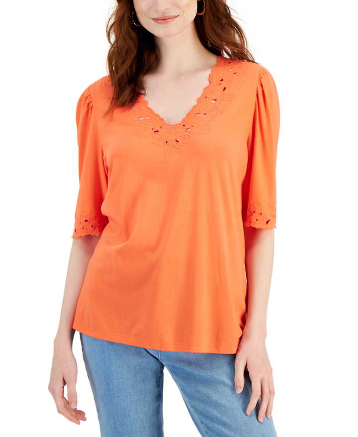 Charter Club Petite Crochet Trim Cotton Top