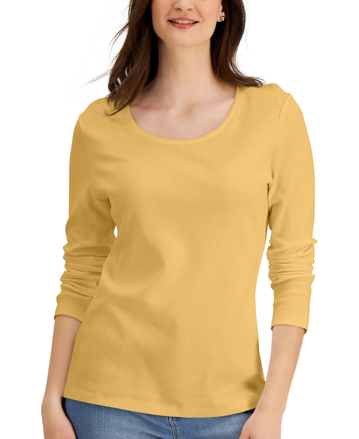 Long Sleeve Cotton Scoop-Neckline Top
