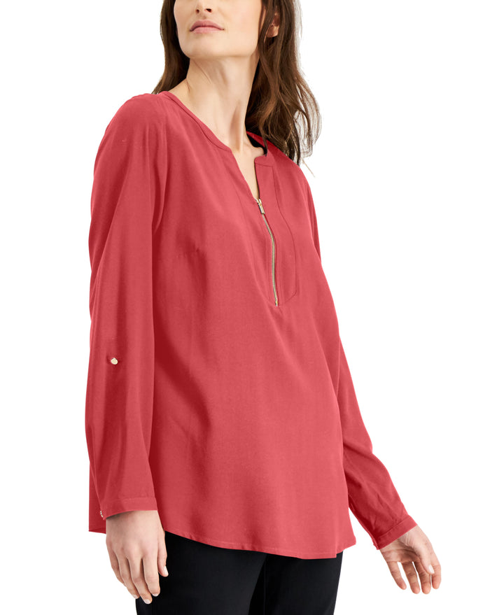JM Collection Solid Zip Neck Utility Top