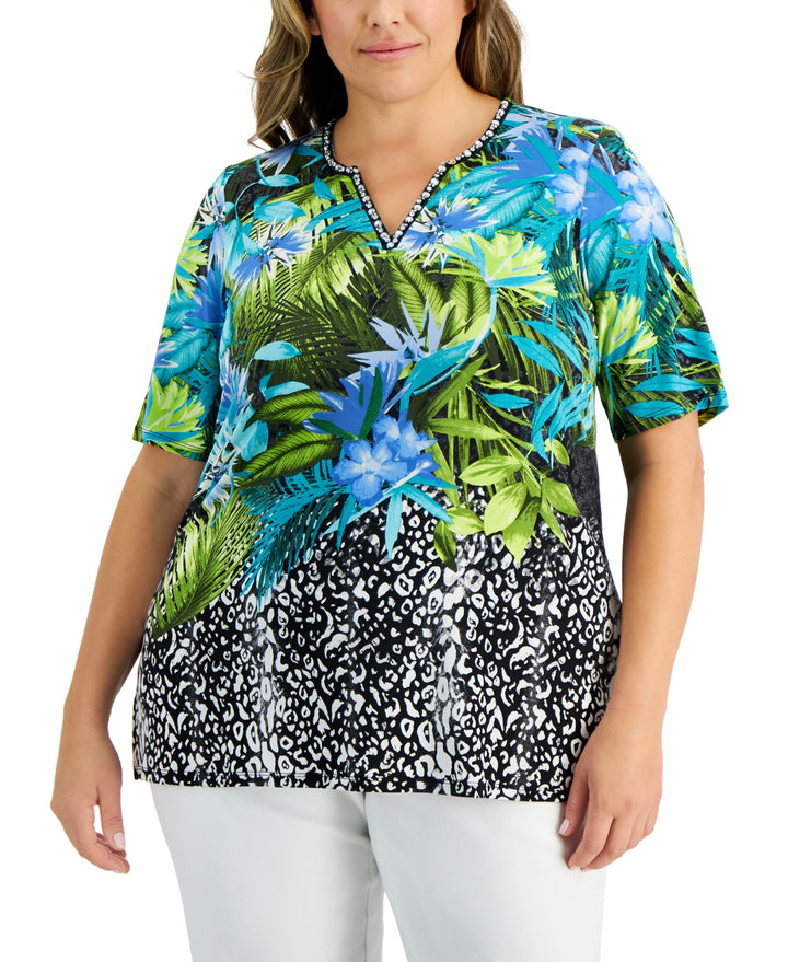 JM Collection Plus Asymmetrical Floral T-Shirt