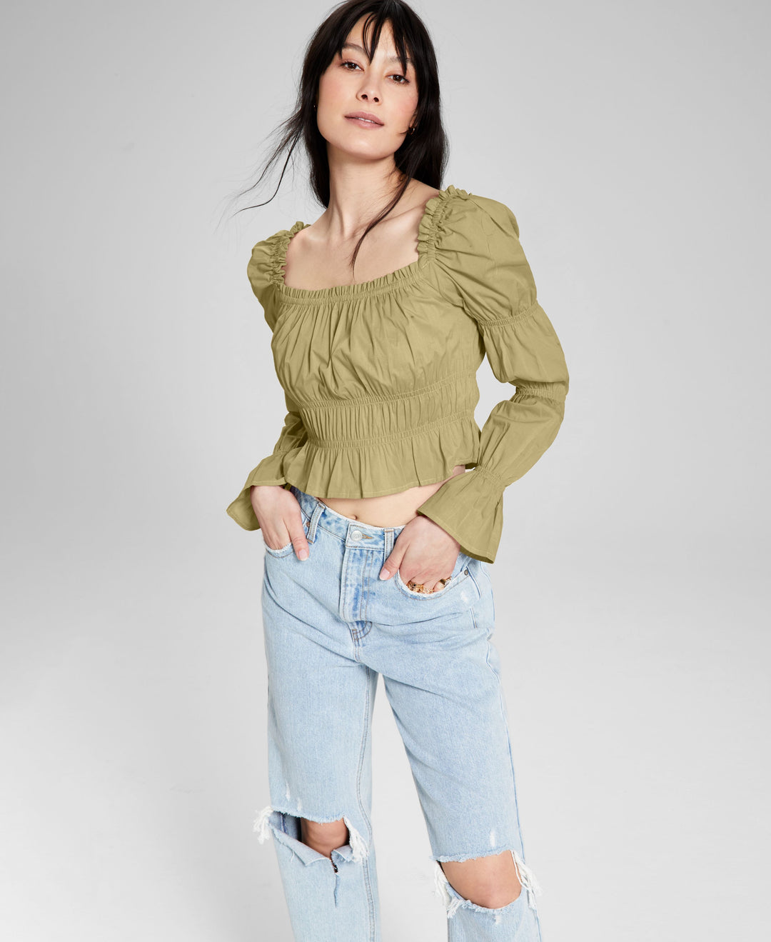 Now This Womens Cotton Ruched Puff Sleeve Top