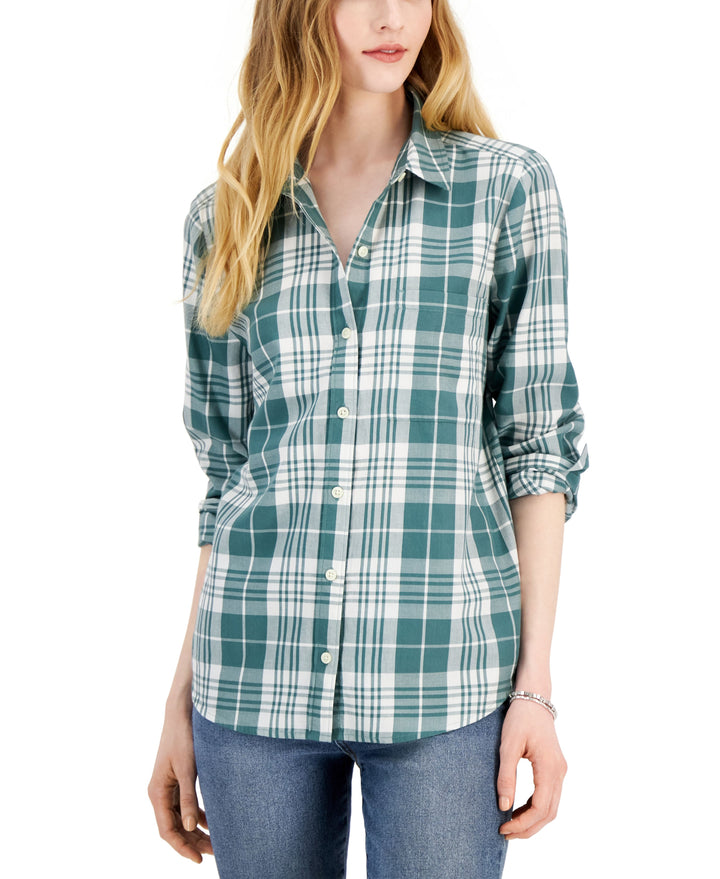 Style & Co Womens Cotton Plaid Button Front Shirt