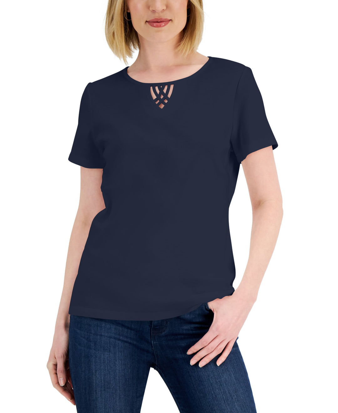 Karen Scott Womens Cotton Keyhole Top