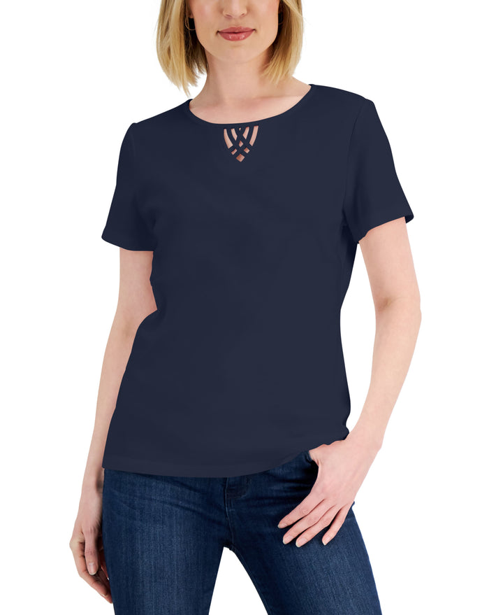 Karen Scott Womens Cotton Keyhole Top