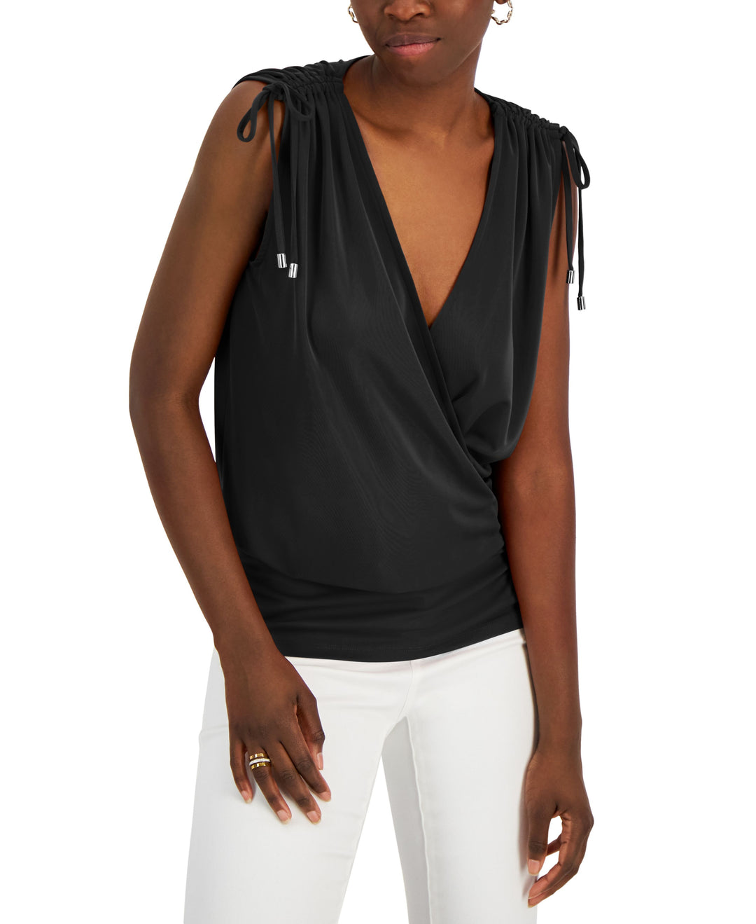 INC International Concepts Womens Ruched Shoulder Surplice Top