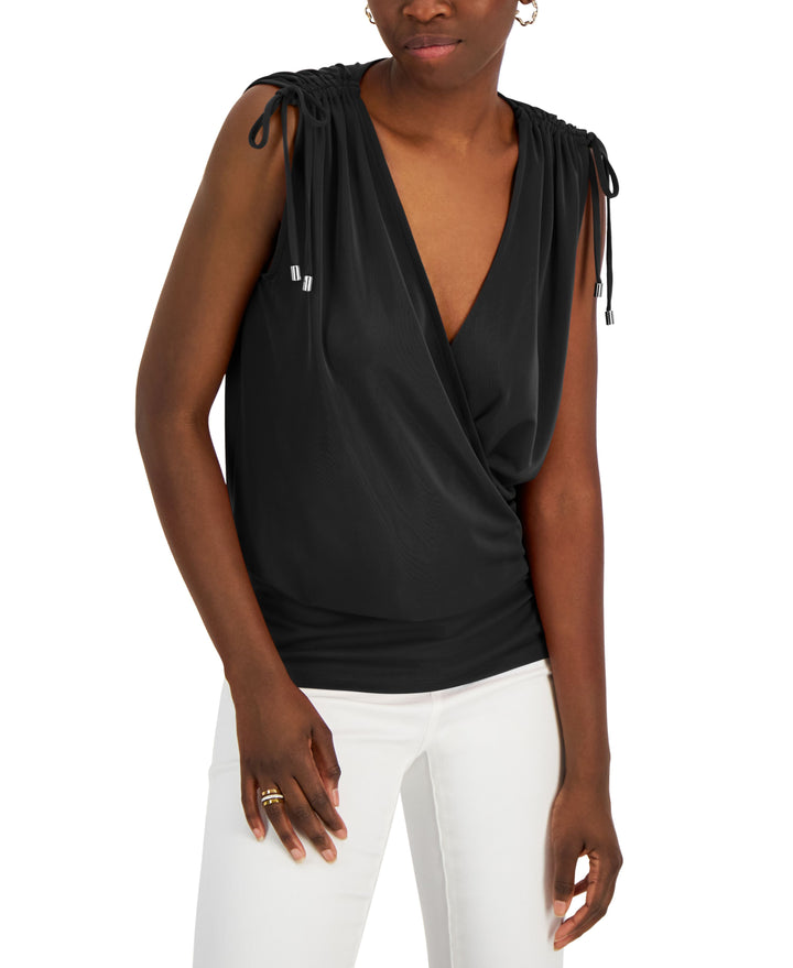 INC International Concepts Womens Ruched Shoulder Surplice Top