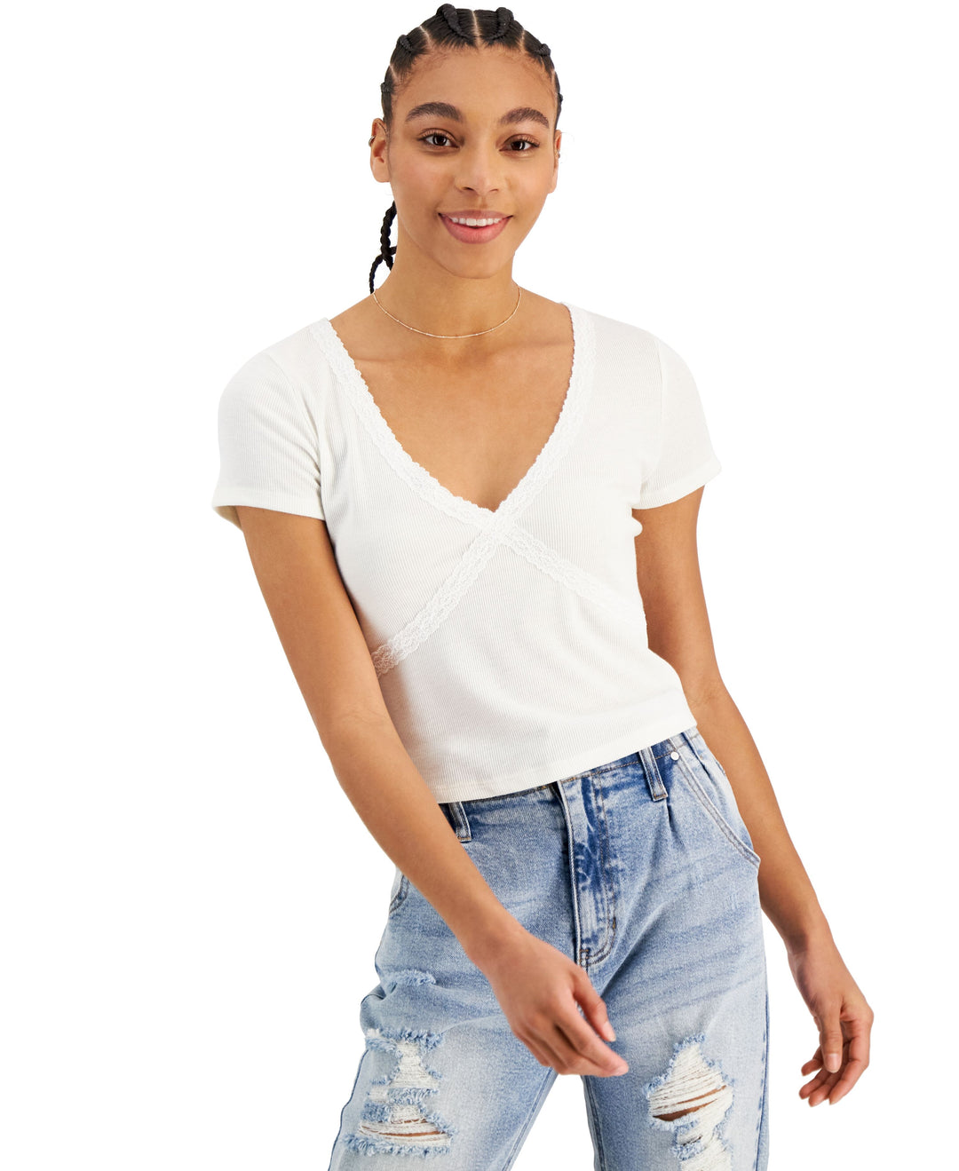 Juniors' Lace-Trim Ribbed T-Shirt