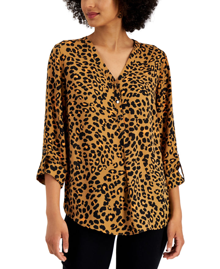 JM Collection Womens Printed V Neck Top